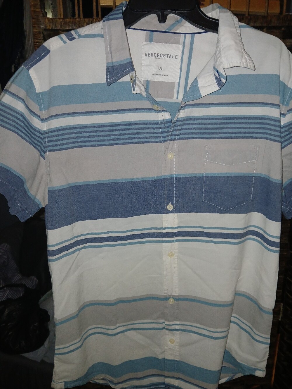 Aeropostale Men's Blue Striped Short-Sleeve Button-Up Shirt